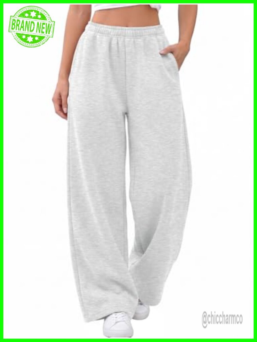 Wide Leg Fleece Lined Sweatpants High Waist Cotton Poly Blend Pockets